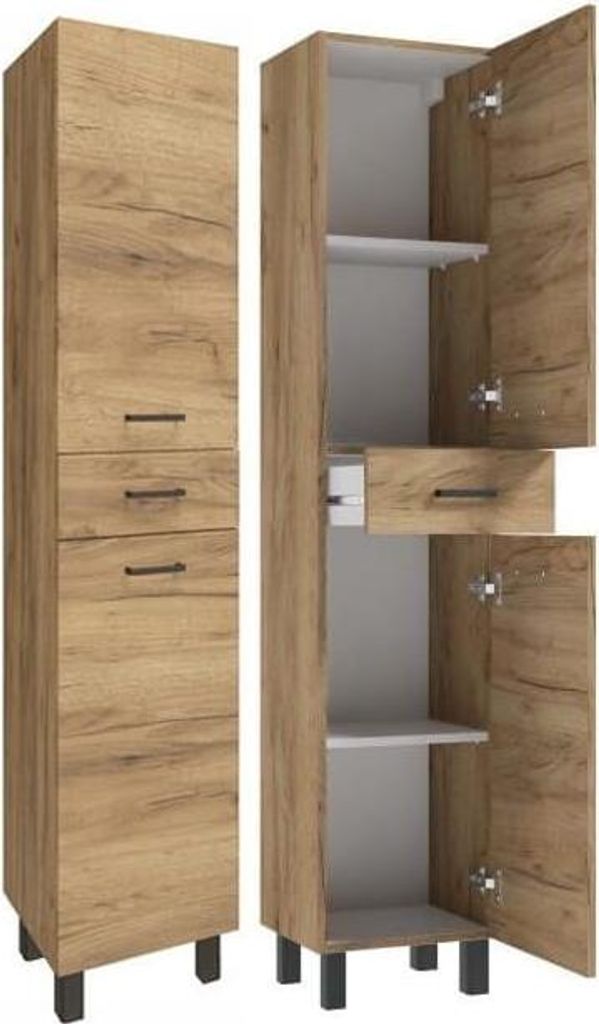 A tall, narrow cabinet with three drawers and two doors, shown from the front and side.