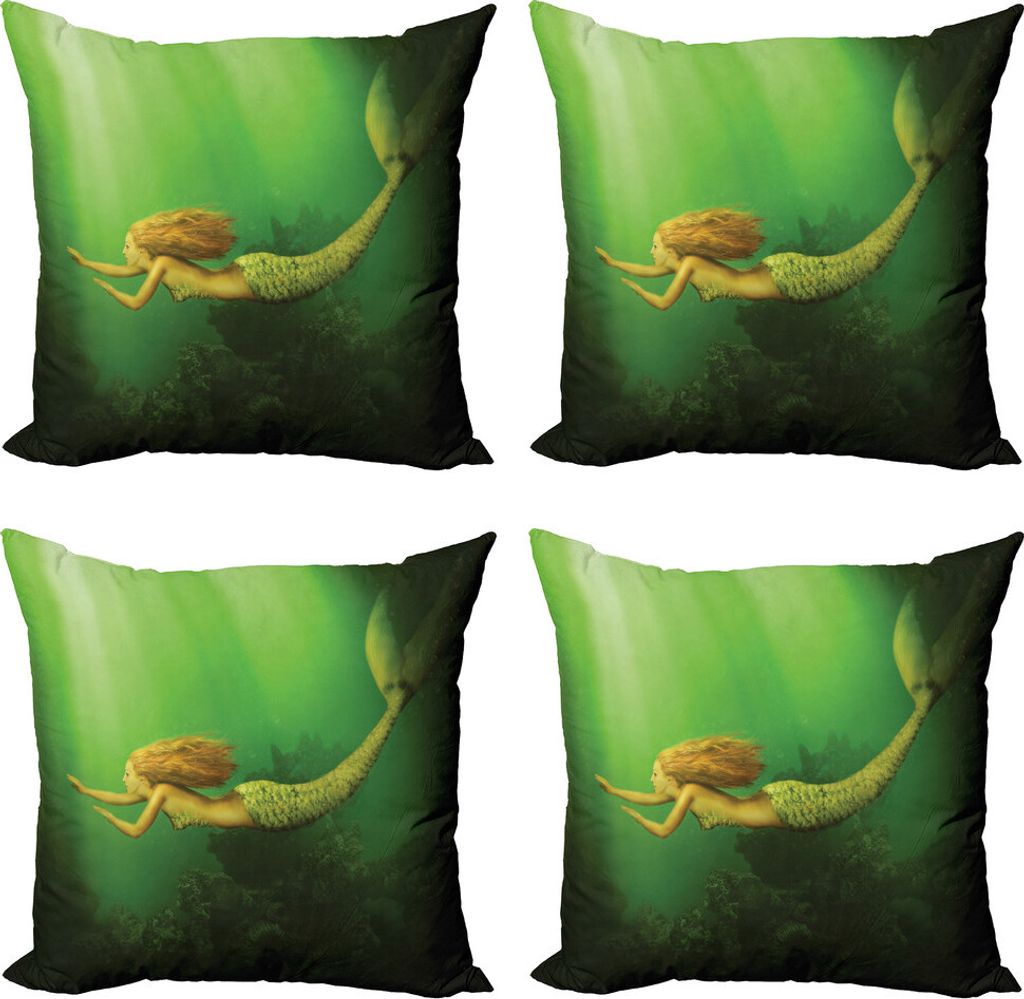 ABAKUHAUS Meerjungfrau Kissenbezug Set (4 Stück), Mermaid mit Fish Tail, Moderner Doppelseitiger Digitaldruck, 60 cm x 60 cm, Dark Green Ginger Grün