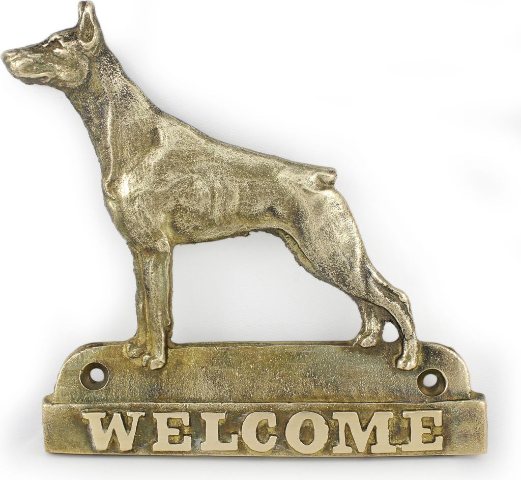 Dobermann - Türschild mit Hund, messingfarbenes Willkommensschild, einzigartiges Schild mit der Aufschrift Welcome von der Marke Art-Dog