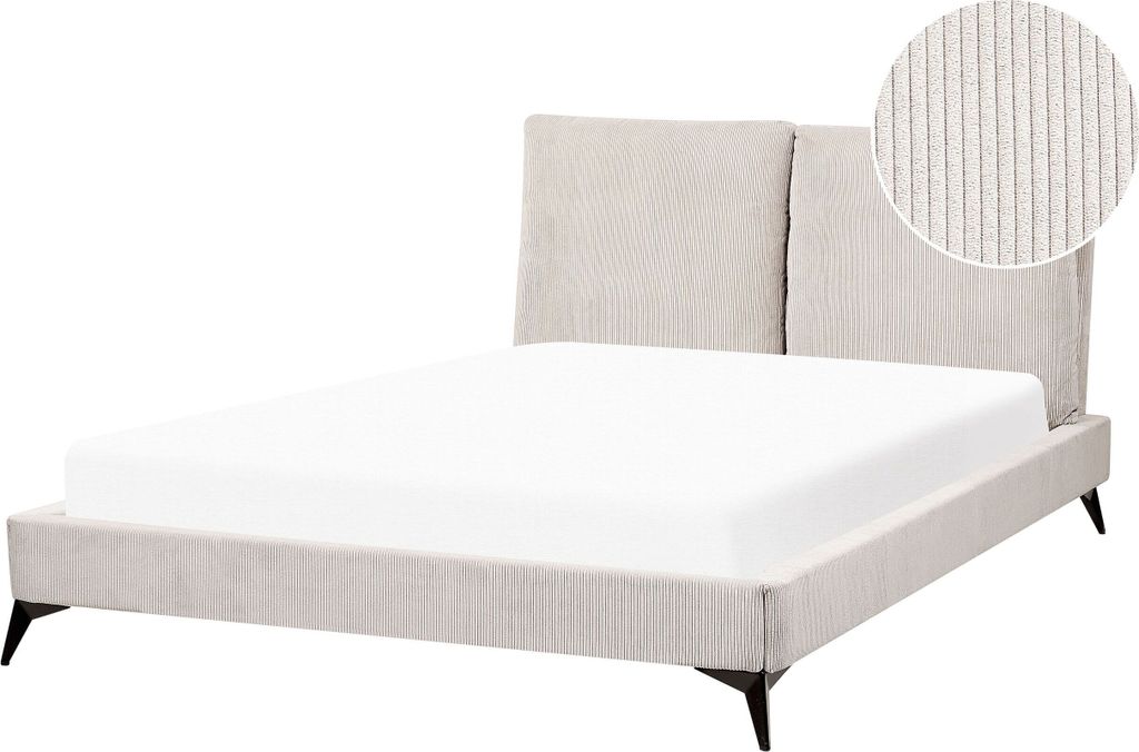 BELIANI Polsterbett Hellbeige Cord mit Lattenrost 140 x 200 cm Hohes Kopfteil Schwarze Metallfüße Modernes Design Schlafzimmer Ausstattung Möbel