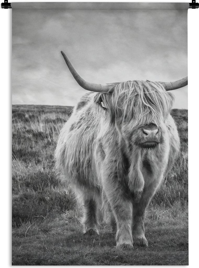 MuchoWow Wandteppich Wandbehang Schottischer Hochländer - Tiere - Wolken - Kuh - Natur 90x135 cm Tapisserie Dekoration Wandtuch - Baumwolle - Wa...