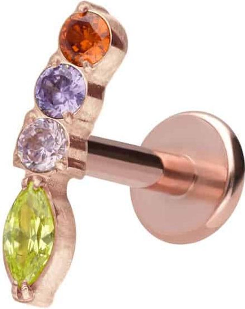 Ohrpiercing, Nasenpiercing Titan Labret mit Innengewinde BUNTER KRISTALLBOGEN RoséGold Stablänge: 6mm | Stabstärke: 1,6mm