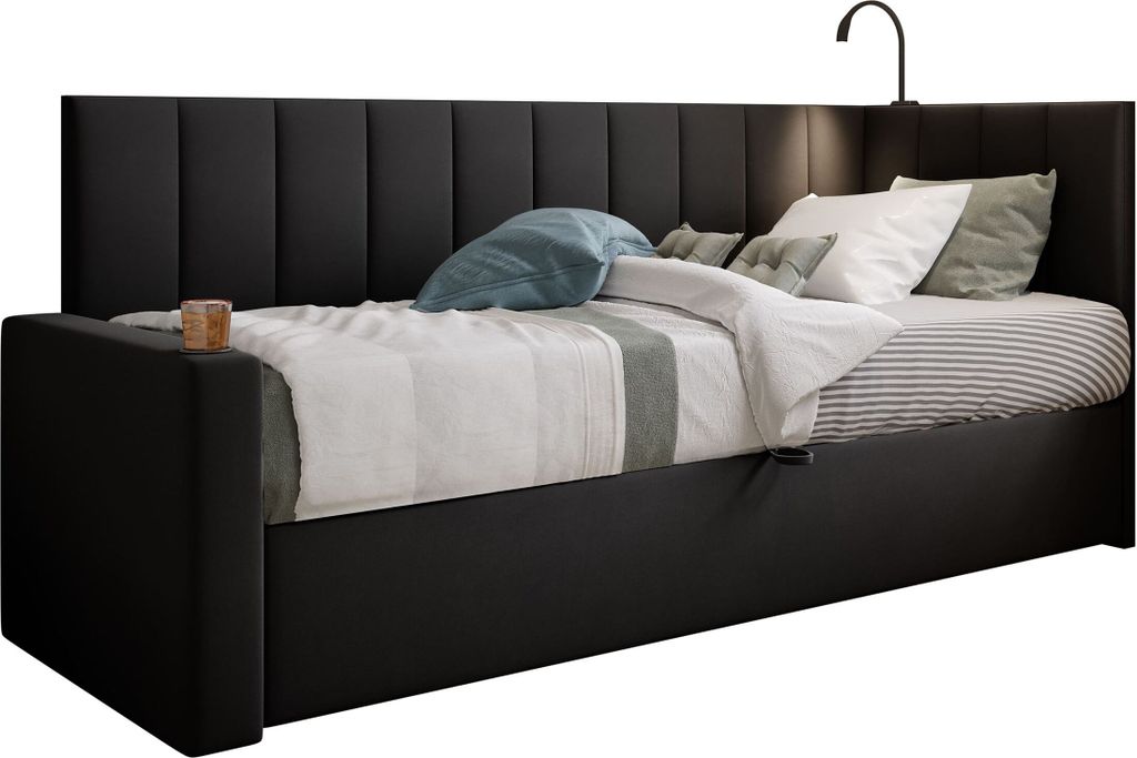 TRADA Tokio Jugendbett Boxspringbett 80x200 mit Hohes Kopfteil und Matratze Schwarz Links