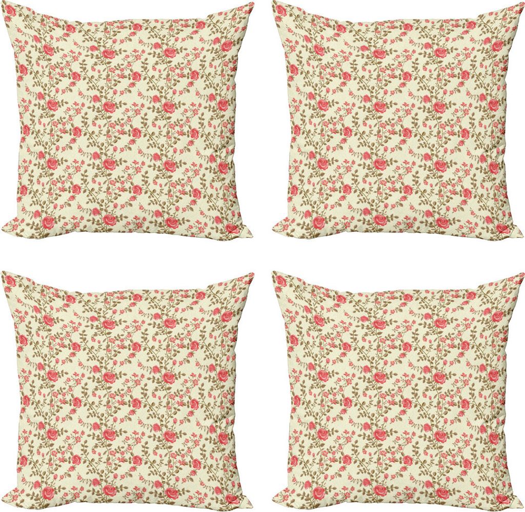 ABAKUHAUS Rose Kissenbezug Set (4 Stück), Rustic Floral Classical, Moderner Doppelseitiger Digitaldruck, 50 cm x 50 cm, Blassgelb Dunkel Coral