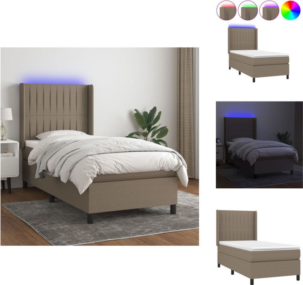 vidaXL Boxspringbett mit Matratze & LED Taupe 100x200 cm Stoff - Betten & Bettgestelle