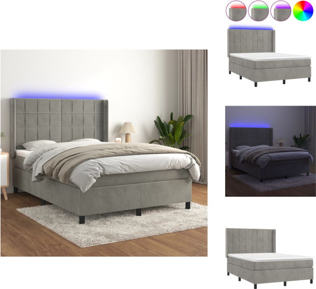 vidaXL Boxspringbett mit Matratze & LED Hellgrau 140x200 cm Samt - Betten & Bettgestelle