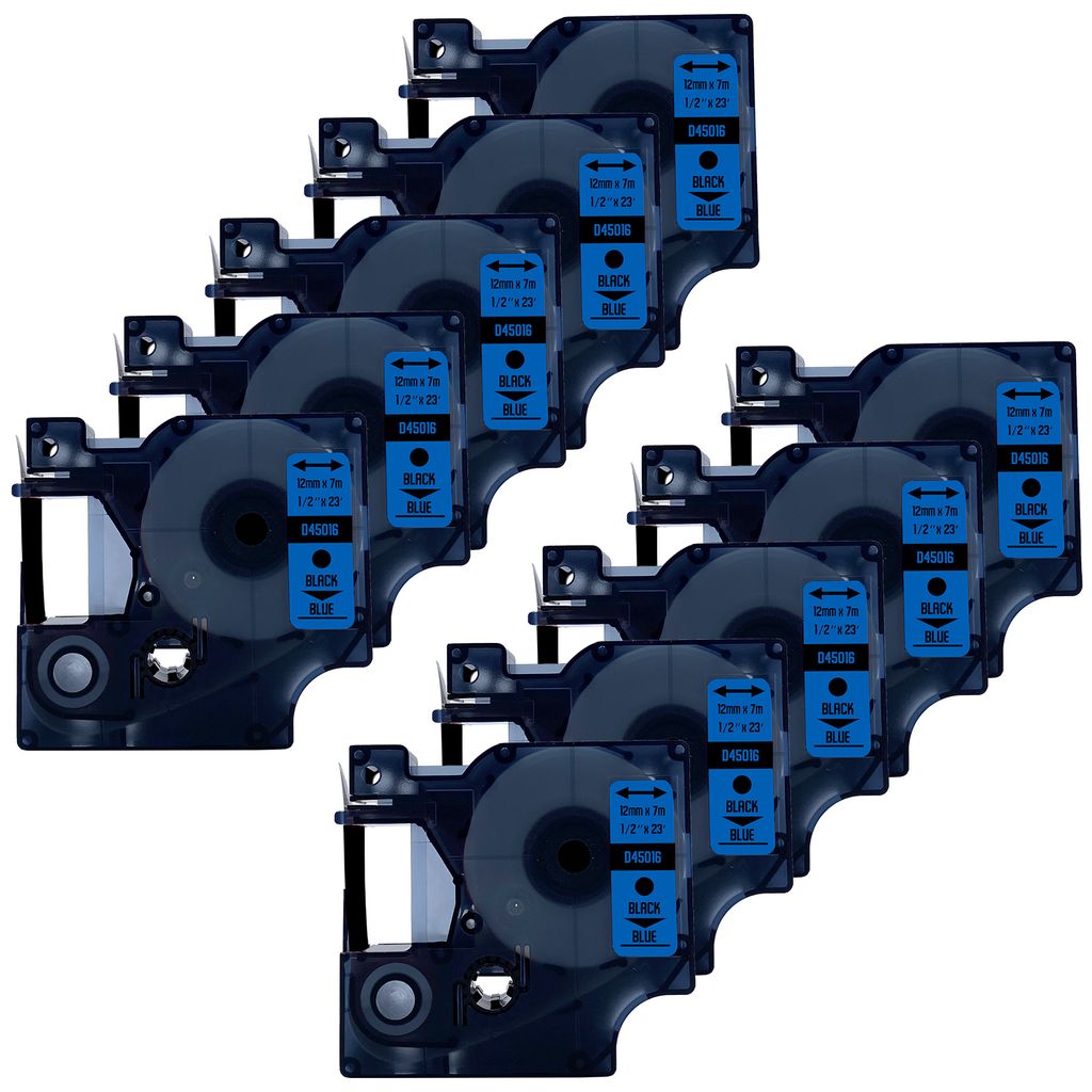 DULA Etikettenband - Kompatibel mit Dymo D1 45016 - 10 Stück - Schwarz auf blau - 12mm x 7m