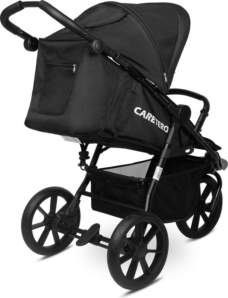 A black stroller is shown against a white background.