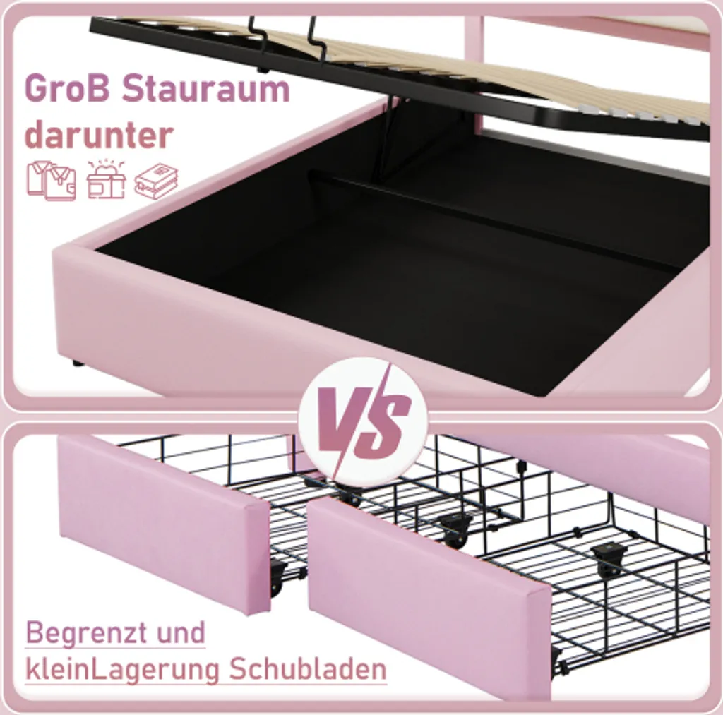 Optimisez votre espace avec ce lit coffre rose 140x200 et LED intégrées - 4