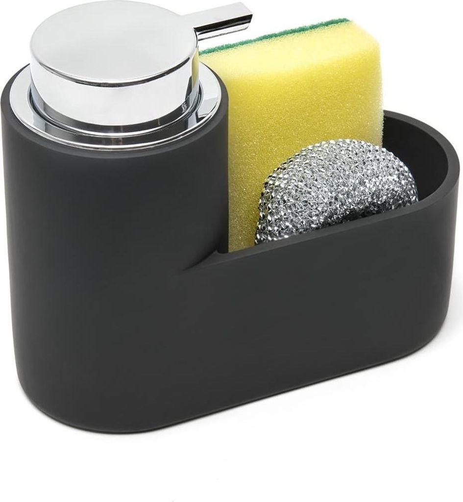A kitchen sink organizer with a soap dispenser, sponge, and scrub brush.