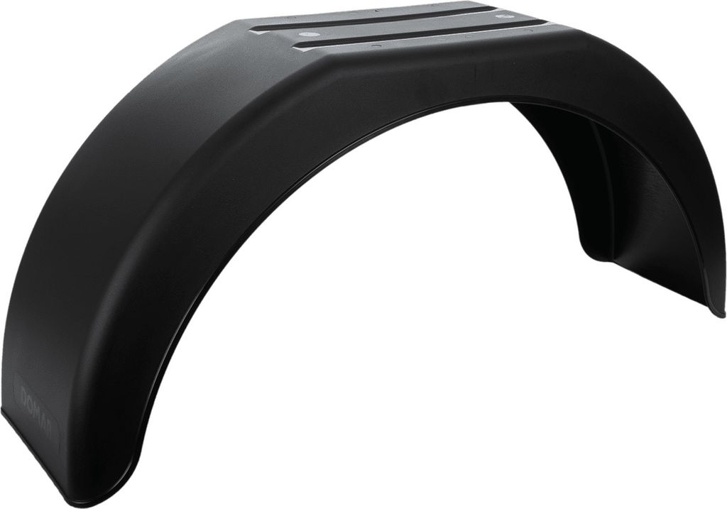 A black plastic fender for a car trailer.