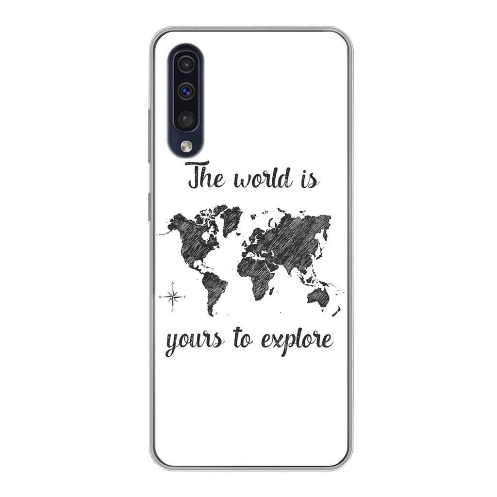 MuchoWow Handyhülle Schutzhülle Hülle für Samsung Galaxy A30s Weltkarte - Schwarz - Sprichwörter Silikon Softcase Handy Hülle - Karteninhaber