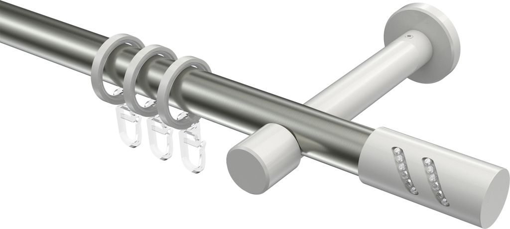 Interdeco Gardinenstange / Vorhangstange Edelstahl-Optik / Weiß, Typ Prestige Zoena (Glitzerzylinder), 20 mm Ø 1-läufig, 100 cm
