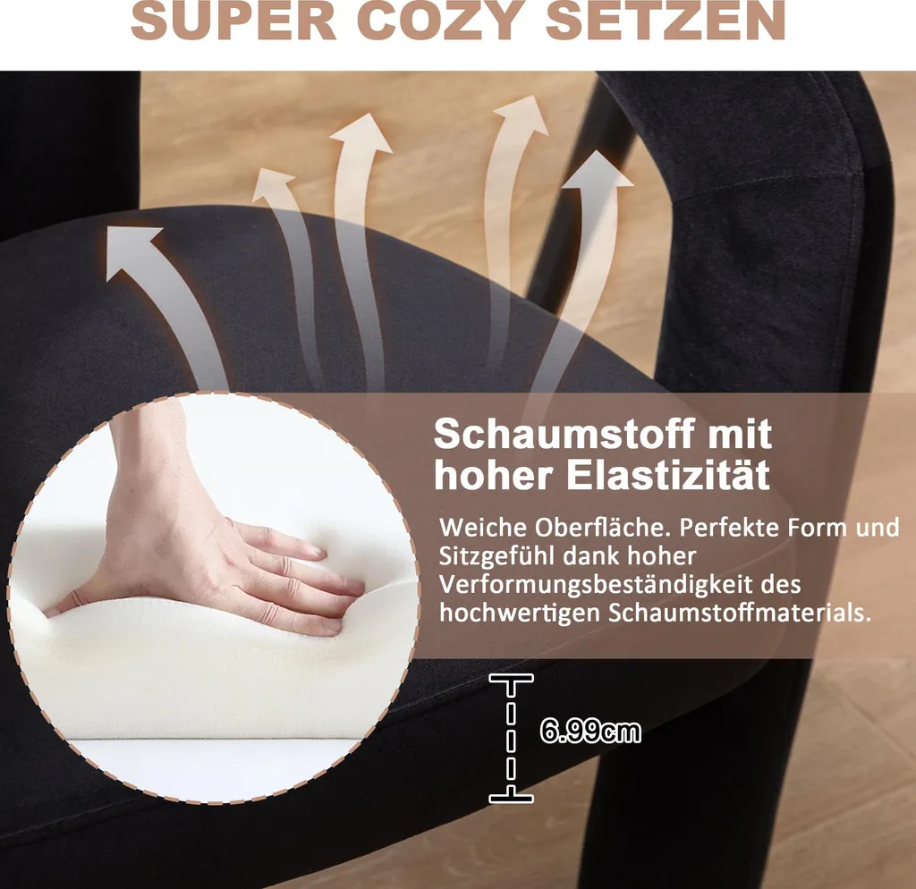 MODFU Chaise Design en Velours Noir - Lot de 2 avec Structure Bois Massif