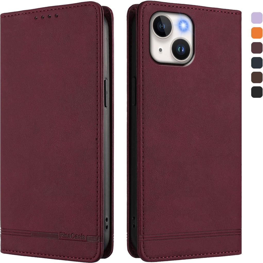 Hülle für iPhone 14/iPhone 13, Retro Kunstleder Ständer Klapphülle mit Kartenfächer und Magnetische Rot
