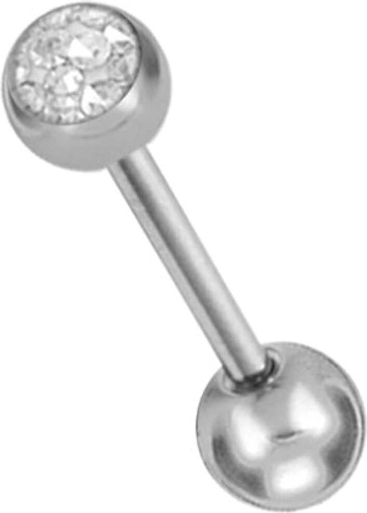 Karisma Edelstahl 316L Zungenpiercing Hantel Piercing Mit Kristall Elements Flache Halbkugel 5mm und Epoxydharz Schicht- Weiss - 16.0 Millimeter