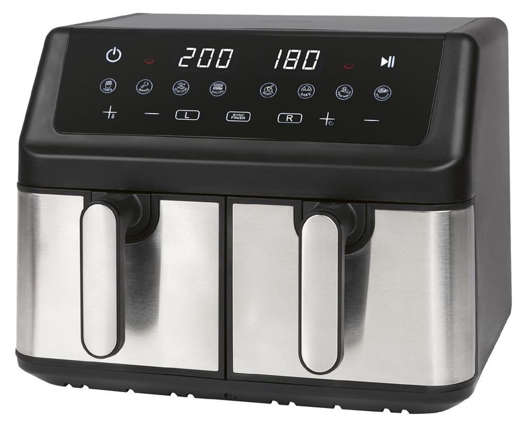 A studio shot of a dual-chamber air fryer with its digital display showing cooking information.