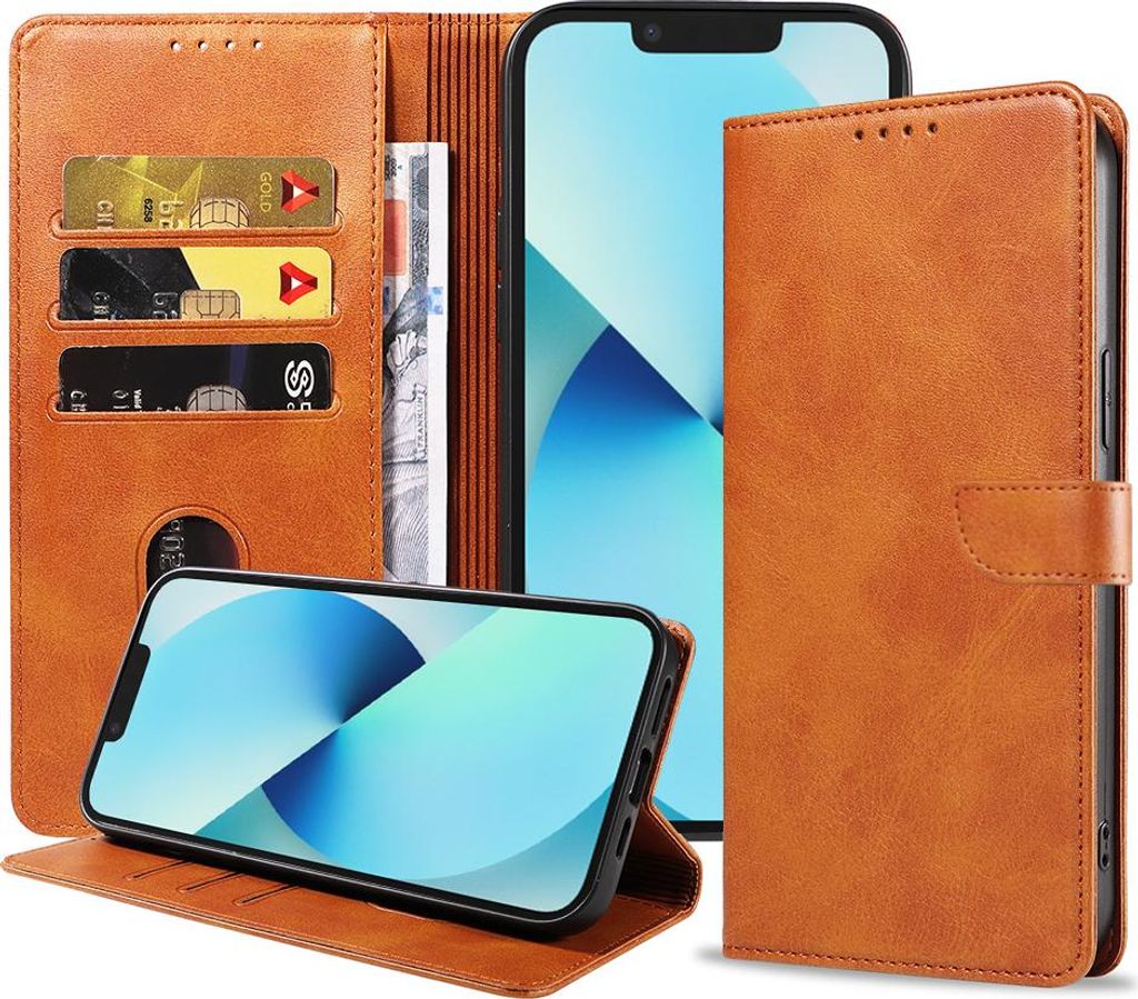 Passend für iPhone 13 Handytasche Kunstleder mit magnetischer Lippe und Kartenhalter Buchhülle mit Klappe - Braun - Smartphonics