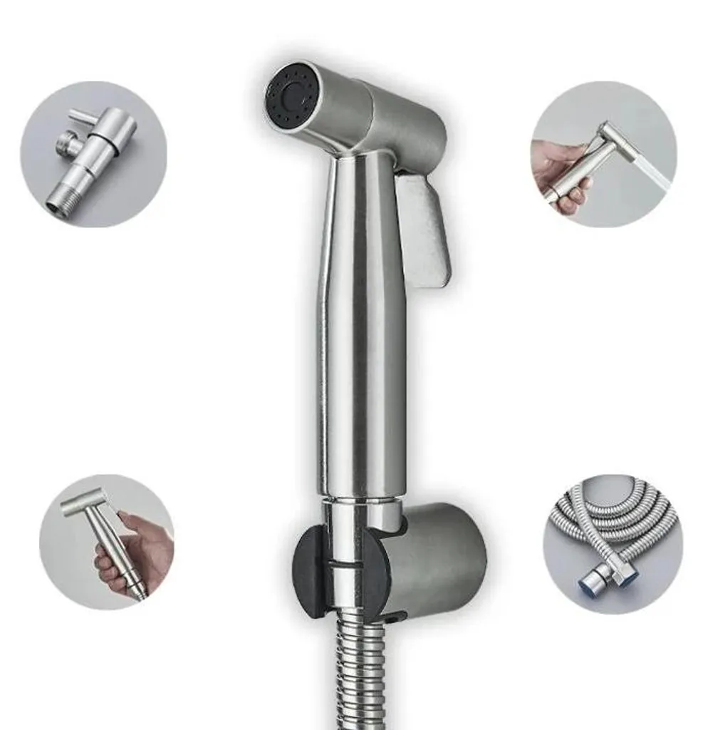 Douchette de WC anti-fuite en inox nickel - Solution bidet à main CE