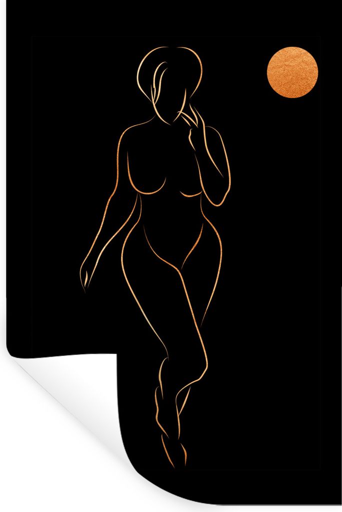 MuchoWow Wandtattoo Wandsticker Wandaufkleber Frau - Mond - Schwarz und Gold - Strichzeichnung 20x30 cm Selbstklebend und Repositionierbar - Stic...