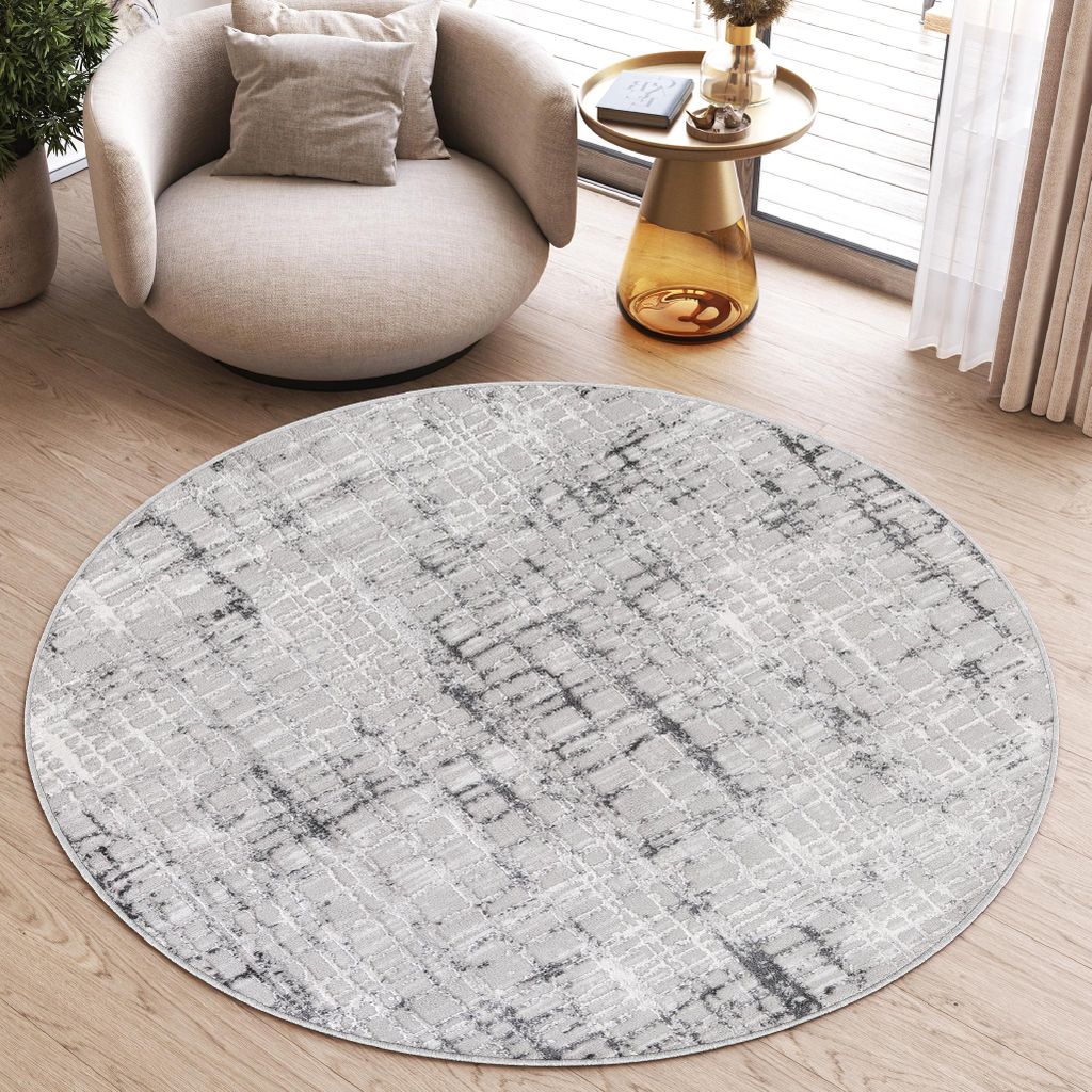 Tapiso Teppich SKY Rund Modern Hellgrau Grau Beige Wohnzimmer 80 x 80 cm
