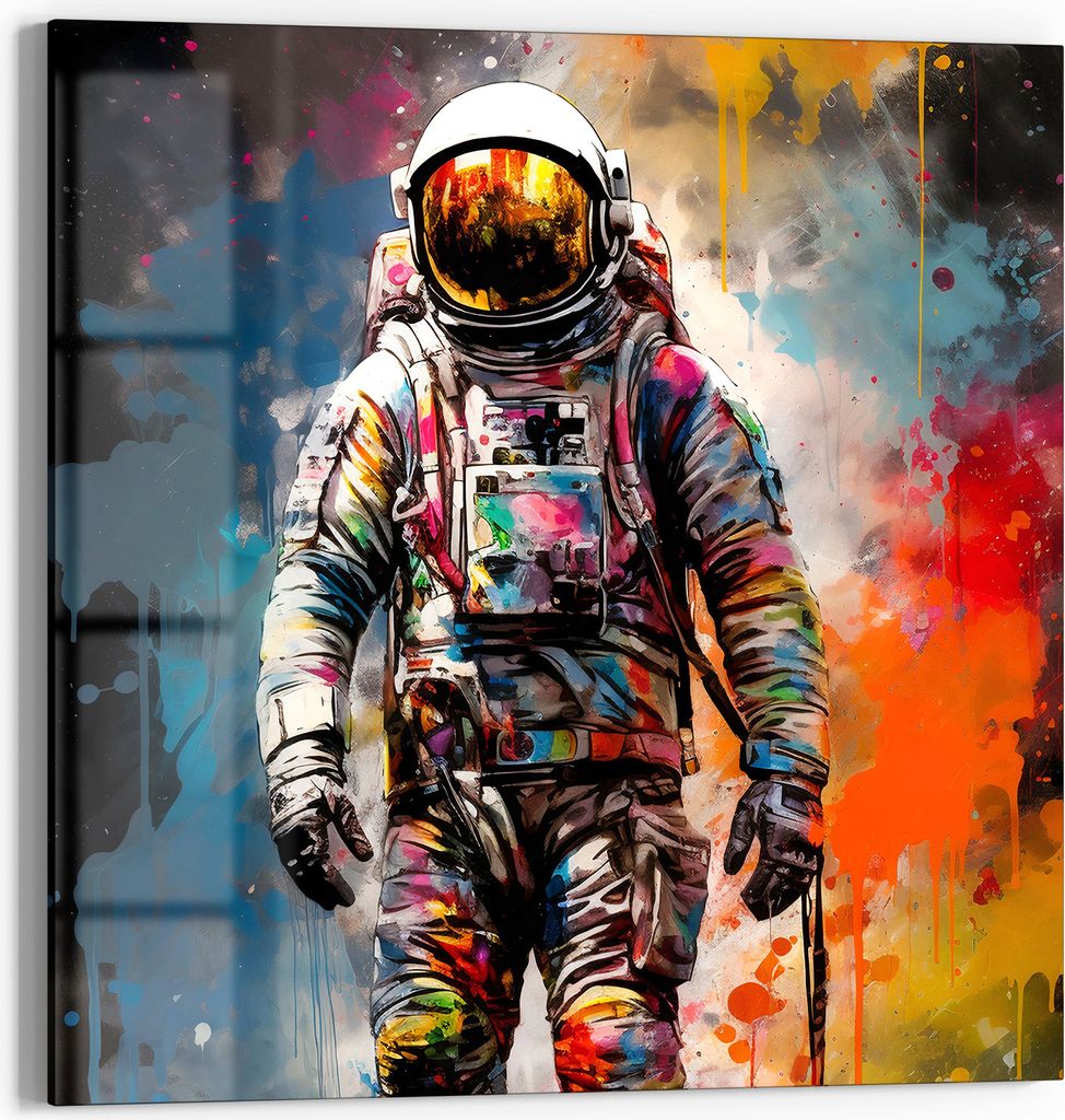 DEQOART Glasbild Echtglas 50x50 cm 'Astronaut im Farbmeer' Wandbild Bild modern Deko