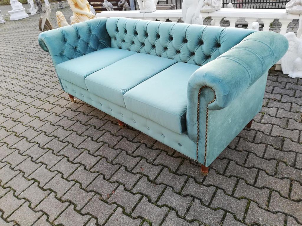 Design Chesterfield Sofagarnitur 3-Sitzer Stoff Couch Blau Polster Sofas Neu