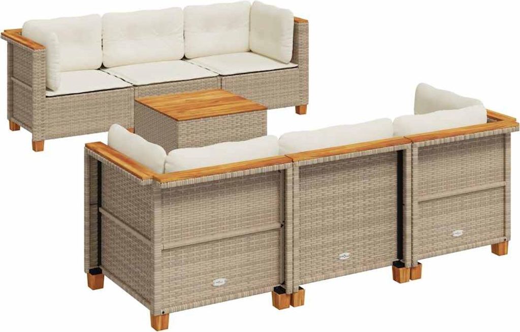 vidaXL 7-tlg. Garten-Sofagarnitur mit Kissen Beige Poly Rattan