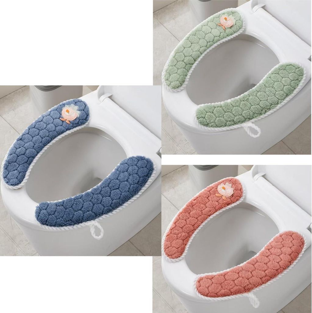 Set mit 3 Paar flauschigen Toilettensitzbezügen, dick/warm/rutschfest, waschbar.