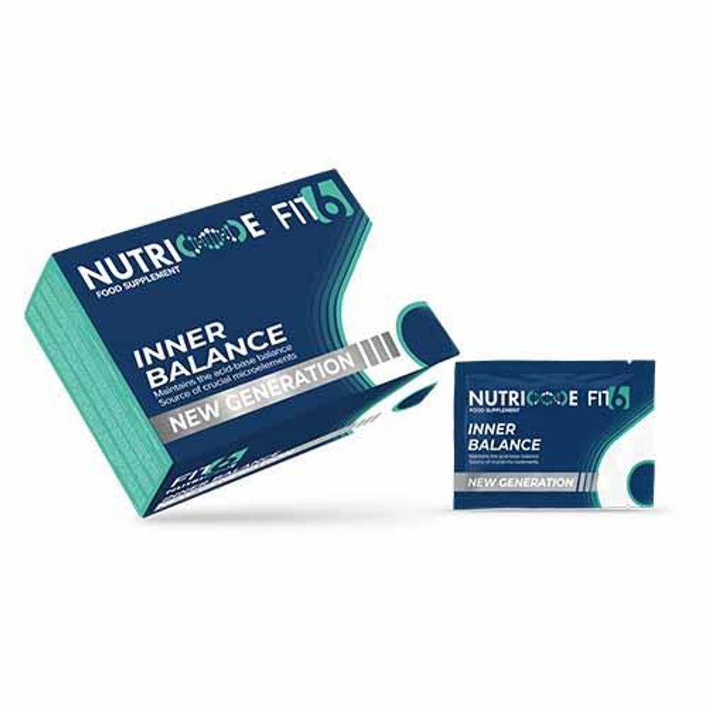 A stack of Nutricode Fit Inner Balance food supplement boxes and a single sachet.
