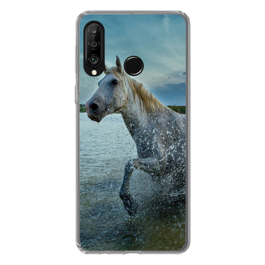 MuchoWow Handyhülle Schutzhülle Hülle für Huawei P30 Lite Pferd - Wasser - Tropfen Silikon Softcase Handy Hülle - Handyhülle
