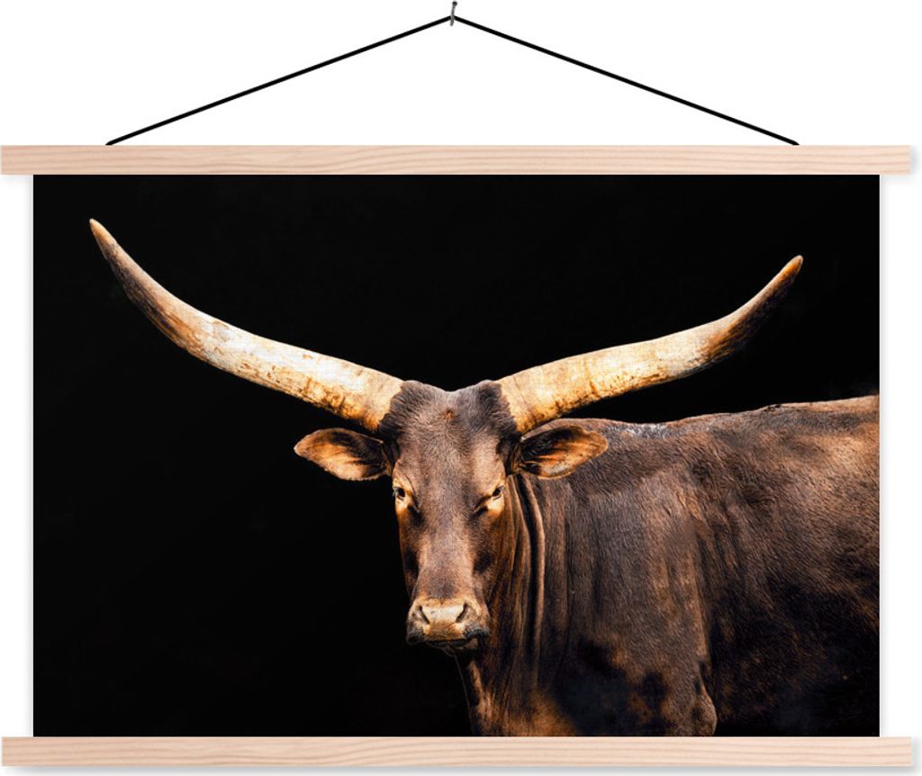 MuchoWow Textilposter Kuh - Watussi - Hörner 120x80 cm mit holzfarbenen Rahmen - Aufhängeset