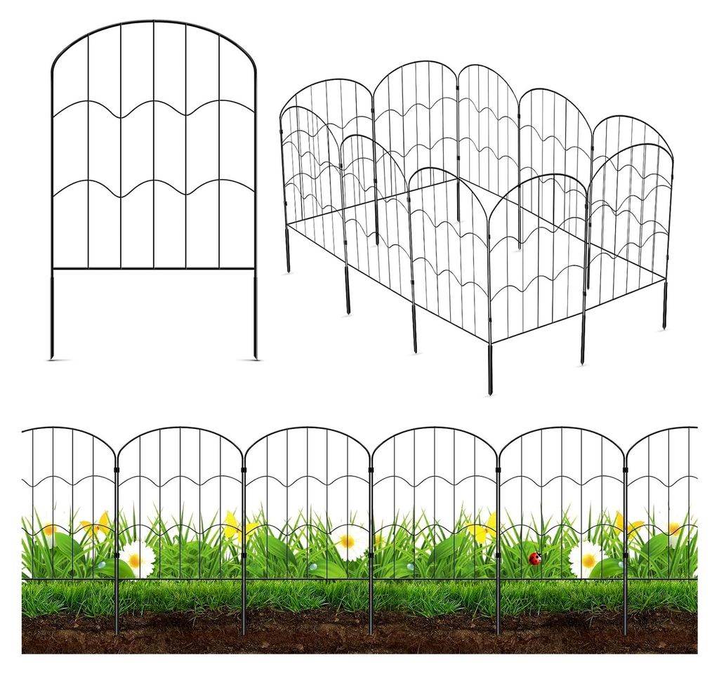 Gartenzaun 10 Stück Komplettset Dekorativer Metallzaun Steckzaun, Oberbogen Gartenzaun Metall Zaunelemente, Zaun für Hunde