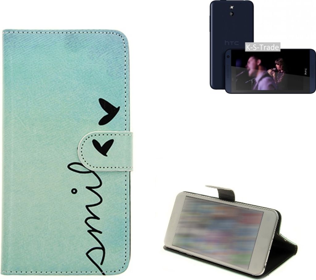 K-S-Trade Schutz-Hülle Handy-Hülle kompatibel mit HTC Desire 610 Hülle Wallet Case Flip cover bookstyle Etui Handyhülle ''smile'' türkis