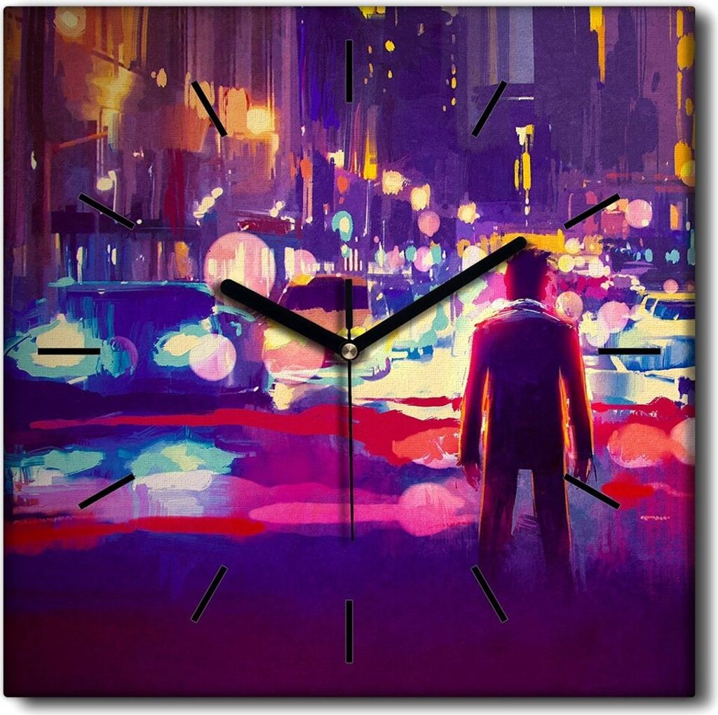 Coloray Uhr auf Leinwand 30x30 cm Wand Uhr Dekoration Wohnzimmer Segeltuch schwarze Hände -Auto Stadtstraße Nacht