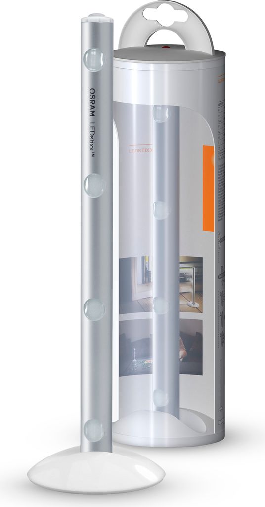 A silver LED light stick with a white base, shown in front of its packaging.
