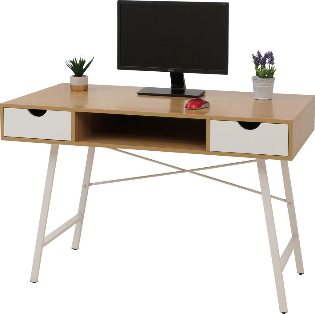 Schreibtisch HWC-E92, Bürotisch Computertisch, 3D-Struktur 120x60cm naturbraun weiß