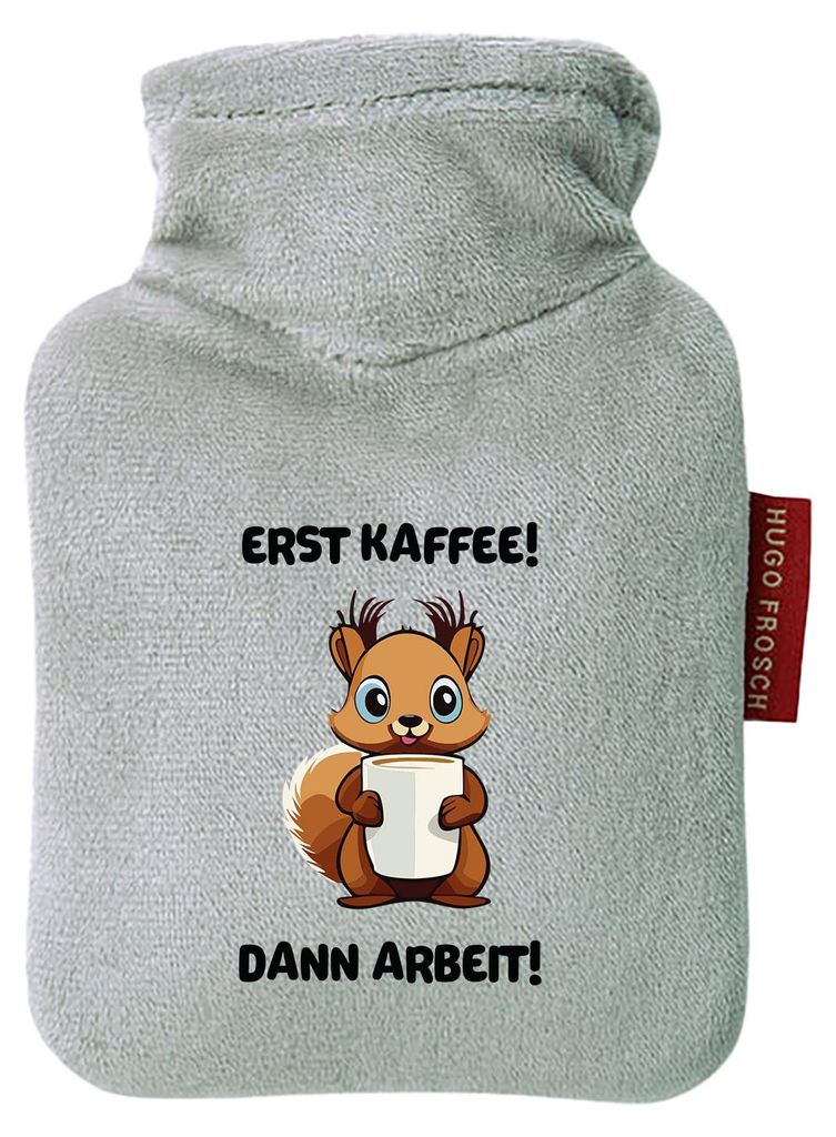 Huuraa Mini-Wärmflasche Erst Kaffee dann Arbeit Eichhörnchen 0,2 Liter Grey Mini Veloursbezug Taschenwärmer Geschenkidee