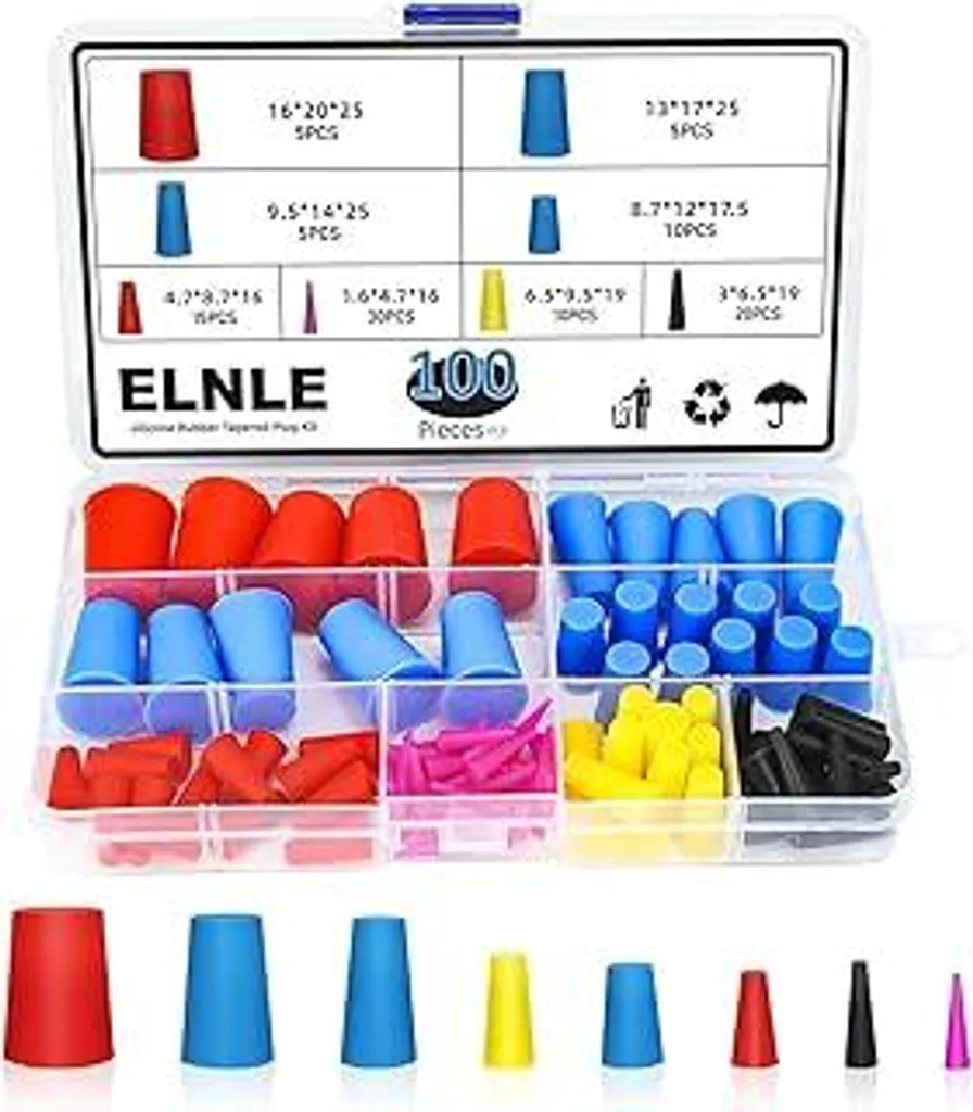 Tappi in gomma conici Tappi in silicone Tappi di chiusura Tappi da laboratorio Tappi in gomma piena Tappi conici Tappi in gomma per provette Pistoni Tubi Serbatoi Bottiglie (1,6-20 mm, 8 misure, 100 pezzi) - 1