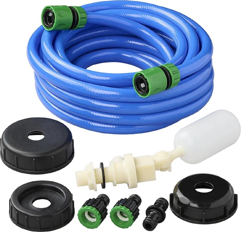 Wasserhahn Adapter 3/4 Zoll für Wassertank Zulauf, 7,5 m PVC Schlauch, Schwimmerventil, Druckminderer, Kupplungen und Verschlusskappen Set Caravan
