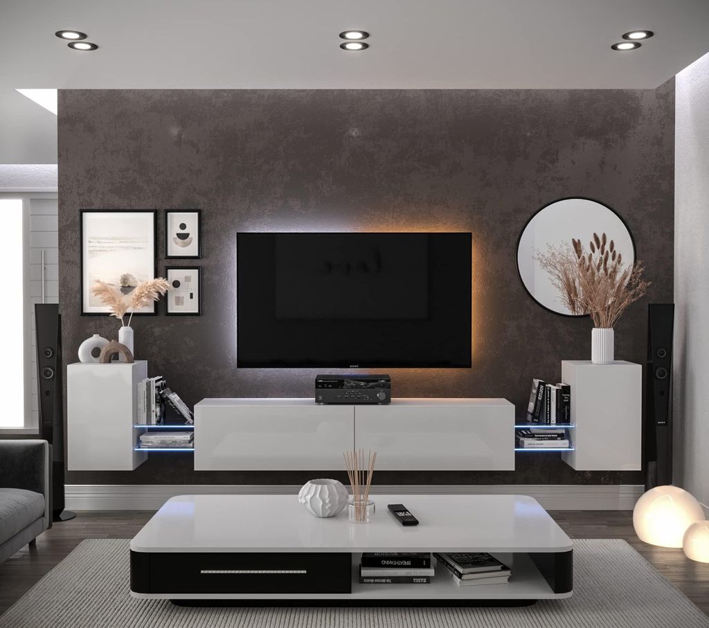 Furnitech Wohnwand Wohnzimmer - Wohnzimmer Möbel mit LED Weiß - Hängend Wohnwand Modern - Regale und TV Schrank (AN103-21W-HG2-1C)