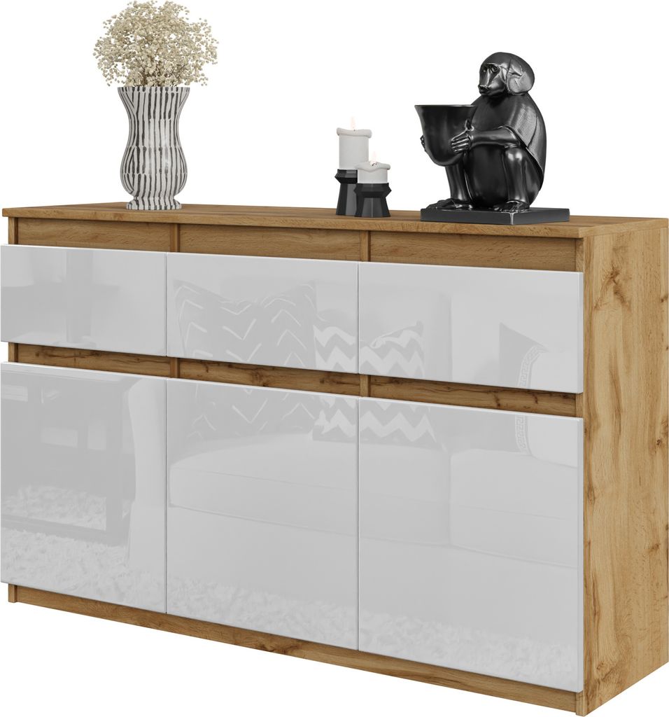FURNICA - NOAH - Kommode / Sideboard mit 3 Schubladen und 3 Türen - Wotan Eiche / Weiß Gloss H75cm B120cm T35cm