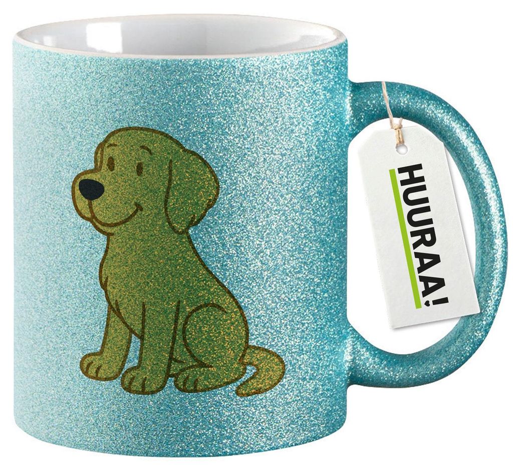 Huuraa Glitzertasse Golden Retriever Goldie Comic 330ml Blau Keramik Kaffeebecher Geschenkidee