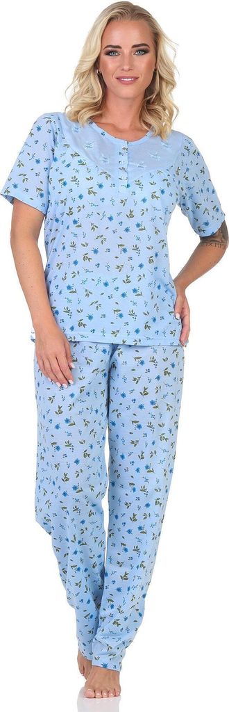 Damen Pyjama 2tlg. lange Hose Shirt in kurzen Ärmeln; Blau/XL/42