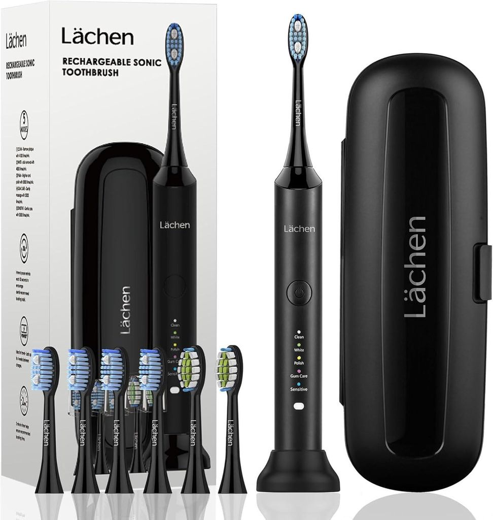 Elektrische Zahnbürste, Lächen Schallzahnbürste, 5 Reinigungsprogramme mit Reiseetui, 6 Zahnbürstenköpfe, wiederaufladbar, IPX7 wasserdicht