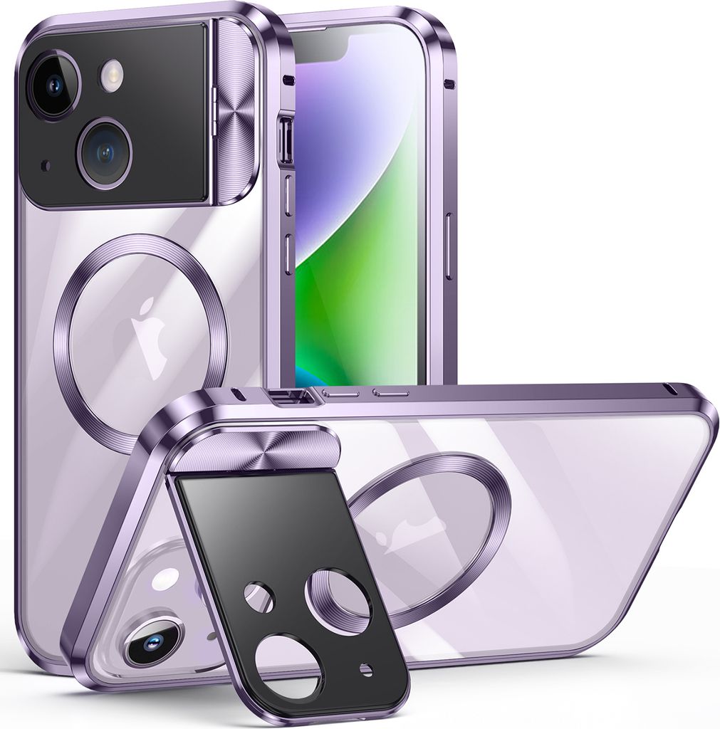 Handyhülle für iPhone 14 MagSafe Hülle, Integrierter Kamera-Ringständer, Magnetische Adsorption Metallrahmen Schutzhülle Lila