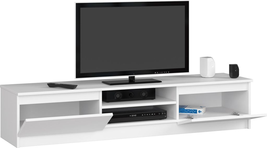 Fernsehschrank 160cm breit mit zwei Türen und zwei offenen Regalen, moderner TV-Schrank, Lowboard, Wohnzimmer Schlafzimmer in weiss