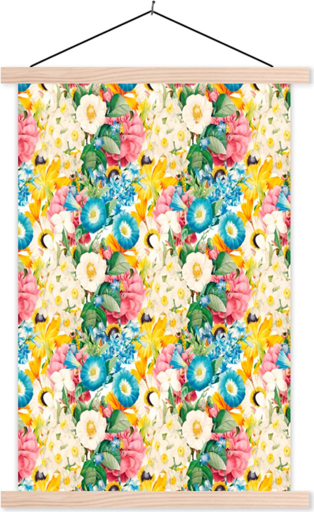MuchoWow Textilposter Blumen - Frühling 60x90 cm mit holzfarbenen Rahmen - Textil