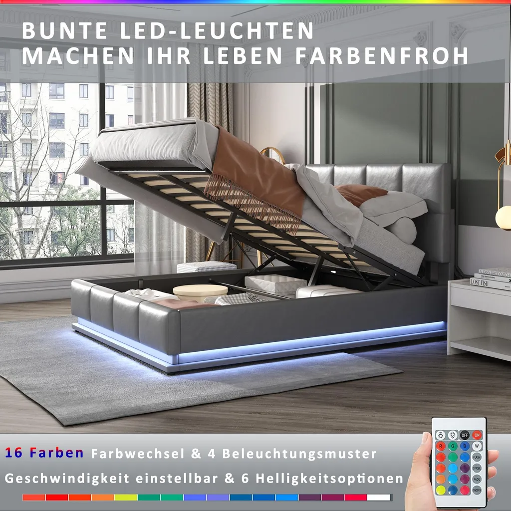 Lit double 160x200 avec rangement hydraulique et LED intégrées - Gris