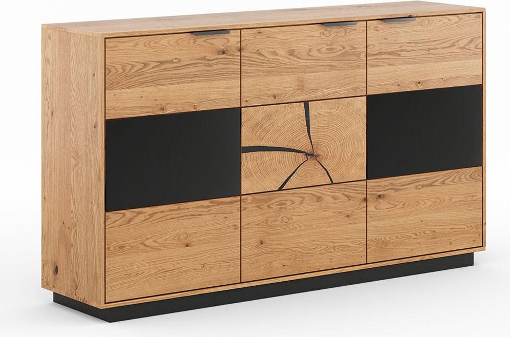Kommode Tirano Sideboard 154x39x84cm 3-türig Massivholz geölt Farbe wählbar,Eiche Natur - Absetzung schwarz / Hirnholz